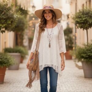 NWT Brittany Black Boho White Lace Shark Bite Tunic Blouse SZ L